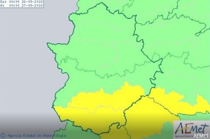 Alerta amarilla por tormentas en el sur de la provincia de Badajoz este miércoles