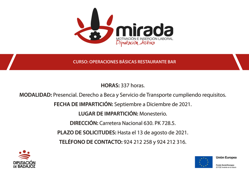 Las inscripciones al Curso de Operaciones básicas de Restaurante-Bar en Monesterio se extienden hasta el 13 de agosto