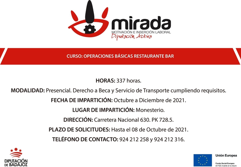 Ampliado el plazo de solicitudes para la acción formativa de `Operaciones básicas de Restaurante-Bar´ en Monesterio