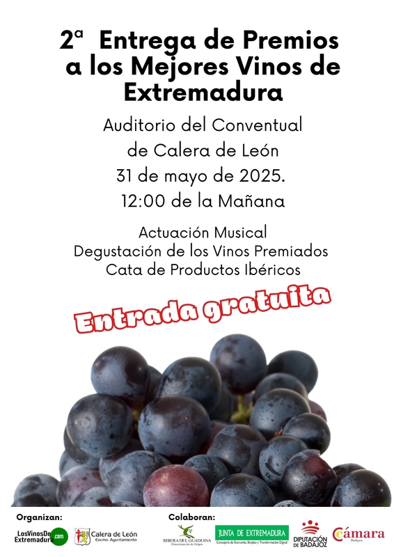 El Ayuntamiento de Calera de León y Los Vinos de Extremadura organizan la 2ª Entrega de Premios a los Mejores Vinos de Extremadura