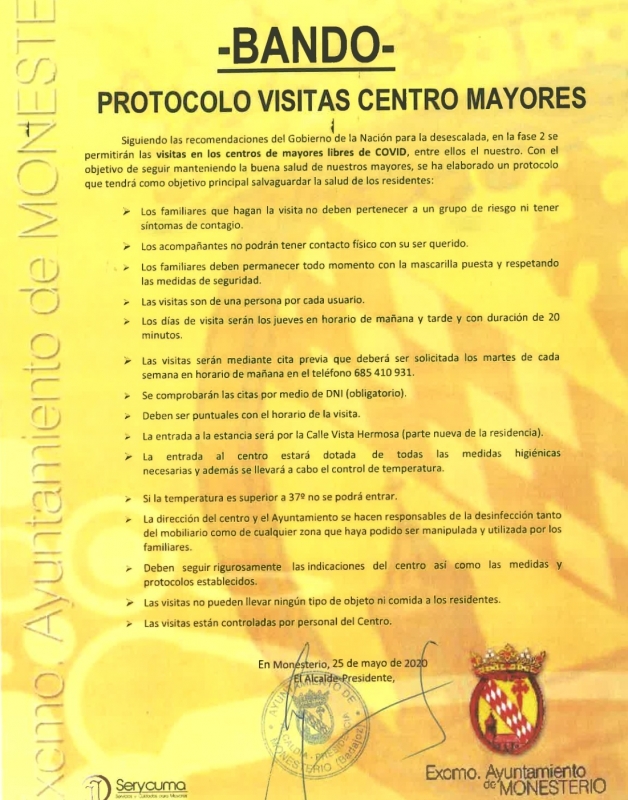 El Ayuntamiento de Monesterio publica el protocolo de visitas al Centro de Mayores