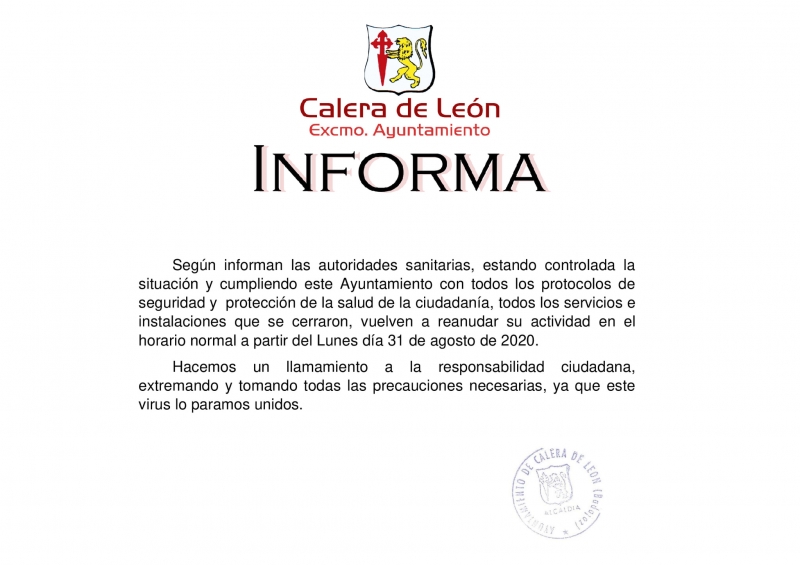 Calera de León reabre sus servicios e instalaciones municipales al estar controlada la situación