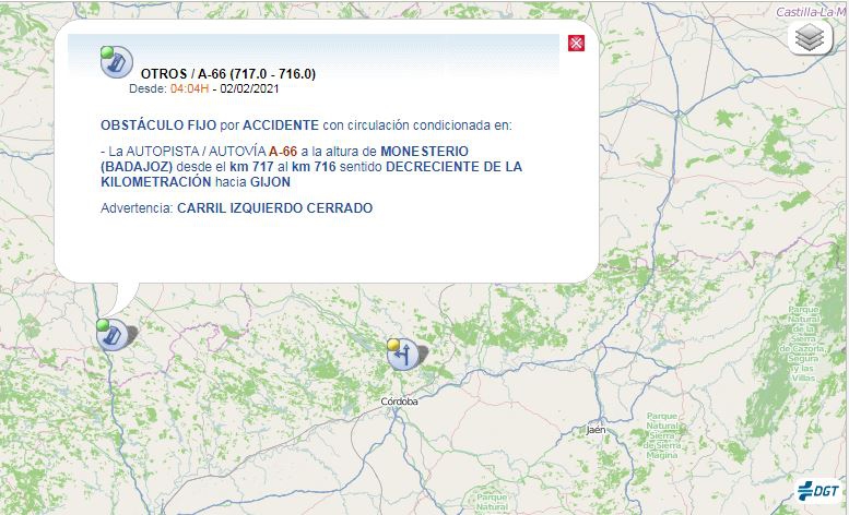 Obstáculo fijo por accidente en la A-66 a la altura de Monesterio en la mañana de hoy