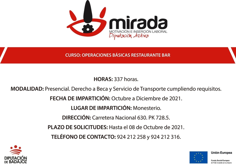 Ampliado el plazo de solicitudes para la acción formativa de `Operaciones básicas de Restaurante-Bar en Monesterio