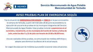 Aviso de pruebas del Plan de Emergencia por Sequía en la comarca de Tentudía con cortes en los suministros en Fuente de Cantos y Calera de León