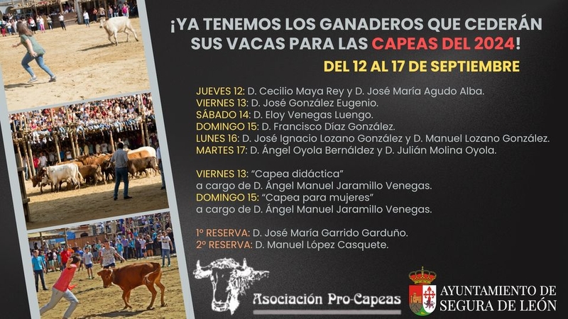 Las Capeas 2024 de Segura de León ya tienen a los ganaderos que cederán sus vacas