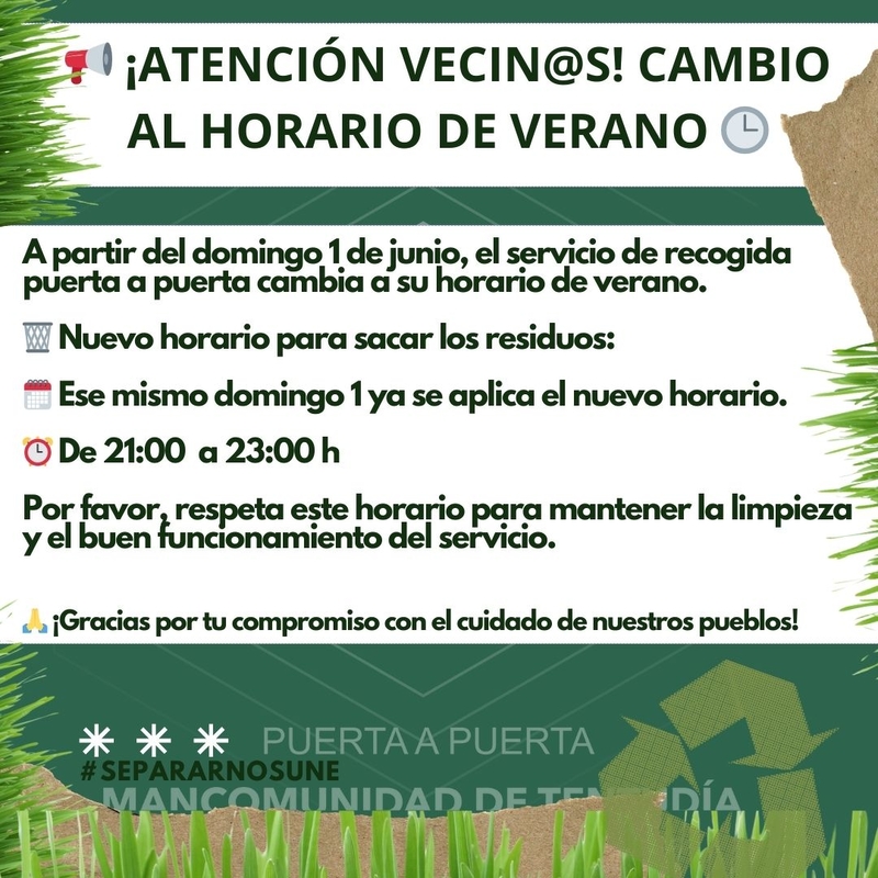 El servicio de recogida puerta a puerta cambia a su horario de verano a partir del 1 de junio