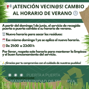 El servicio de recogida puerta a puerta cambia a su horario de verano a partir del 1 de junio