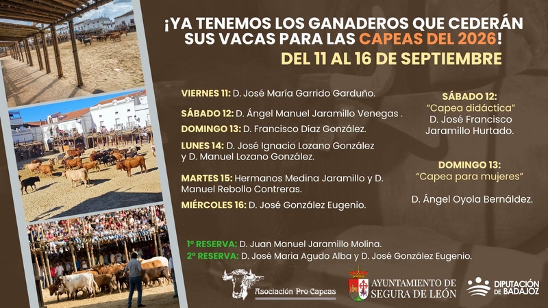 Conocidos los ganaderos que cederán sus vacas para las Capeas 2026 en Segura de León