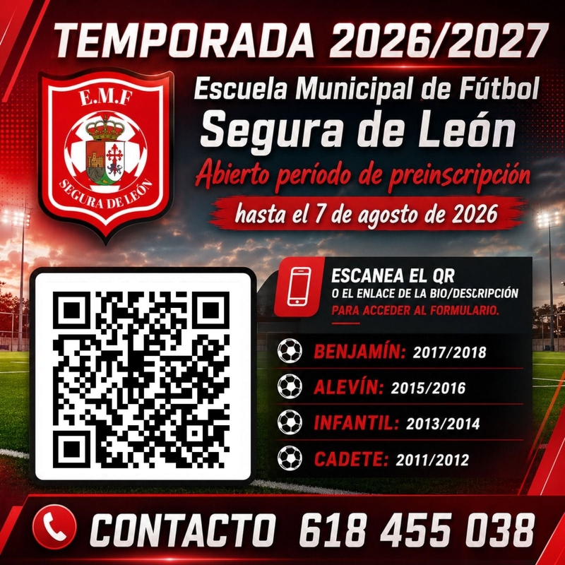 Abierto el plazo de preinscripción para la Escuela Municipal de Fútbol de Segura de León de cara a la temporada 2026/2027